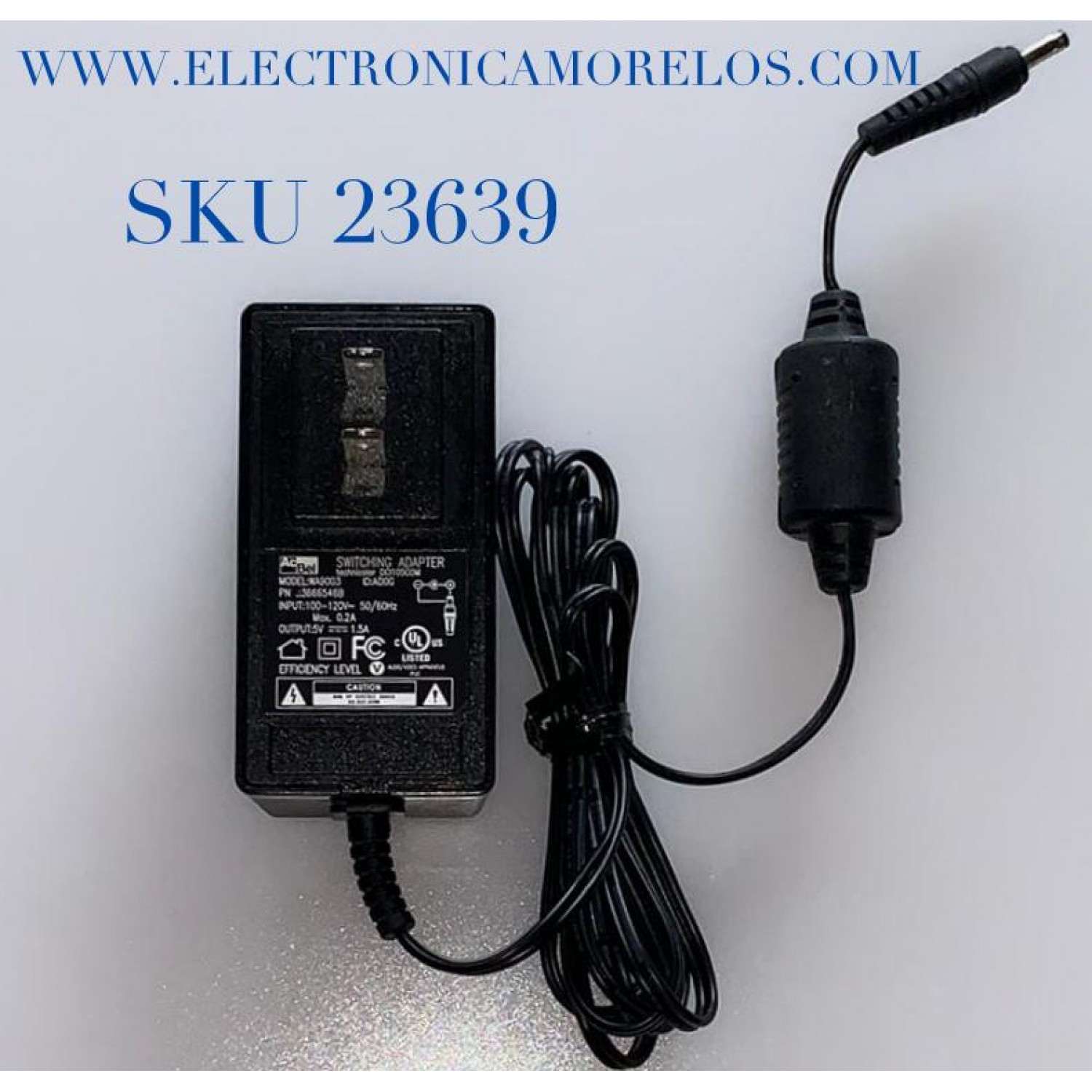 ADAPTADOR ACBEL VCA / NUMERO DE PARTE 3666546B / MODELO WA9003 / DCI105COM / ID:AD0G / ENTRADA VCA 100-120V～50-60Hz .2A / SALIDA VCD 5V-1.5A